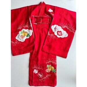 NWOT Kids' Japanese Red Silk Satin Floral Embroidered Kimono